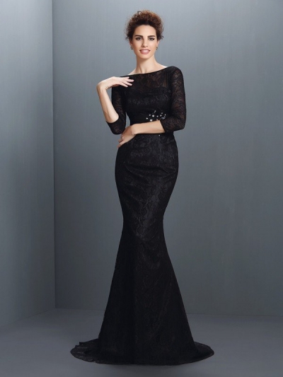 Trumpet/Mermaid Bateau Lace 3/4 Sleeves Long Elastic Woven Satin Mother of the Bride Dresses [50174]