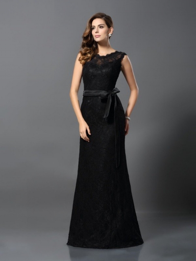 Sheath/Column Scoop Lace Sleeveless Long Satin Dresses [50537]