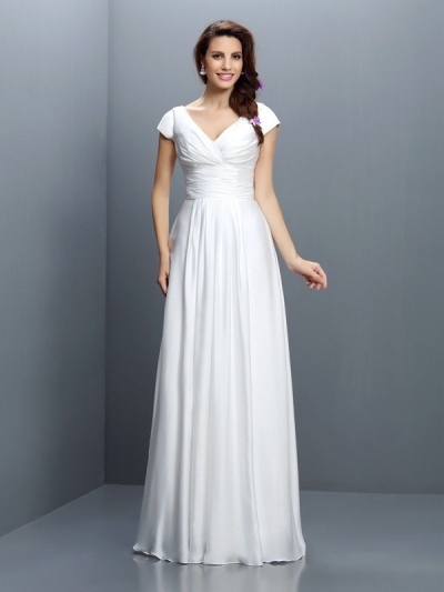 A-Line/Princess V-neck Pleats Short Sleeves Long Chiffon Bridesmaid Dresses [50583]