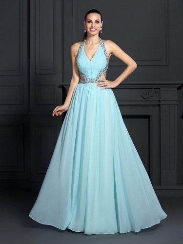 A-Line/Princess Halter Beading Sleeveless Long Chiffon Dresses