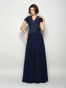 A-Line/Princess V-neck Beading Short Sleeves Long Chiffon Mother of the Bride Dresses