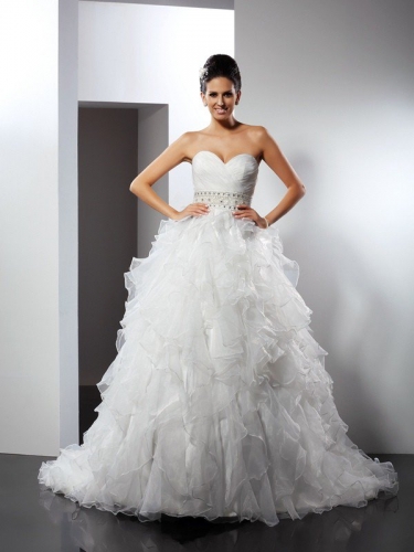 Ball Gown Sweetheart Ruffles Sleeveless Long Organza Wedding Dresses