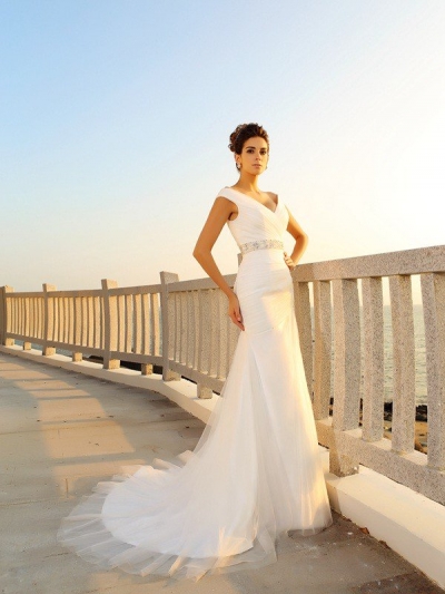 Sheath/Column V-neck Pleats Sleeveless Long Net Beach Wedding Dresses [51048]