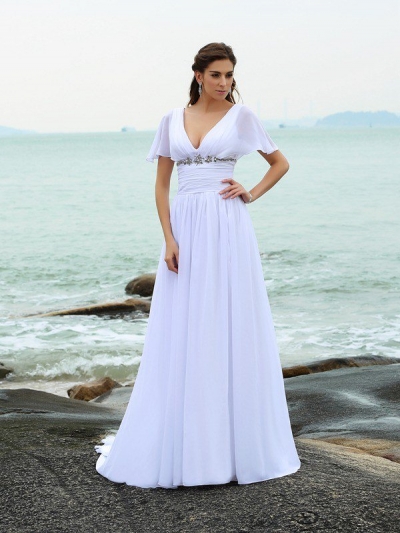 A-Line/Princess V-neck Ruffles Short Sleeves Long Chiffon Beach Wedding Dresses [51057]