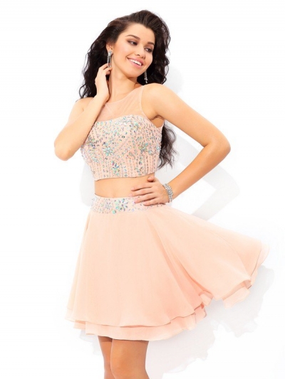 A-Line/Princess Sheer Neck Beading Sleeveless Short Chiffon Two Piece Dresses [60020]