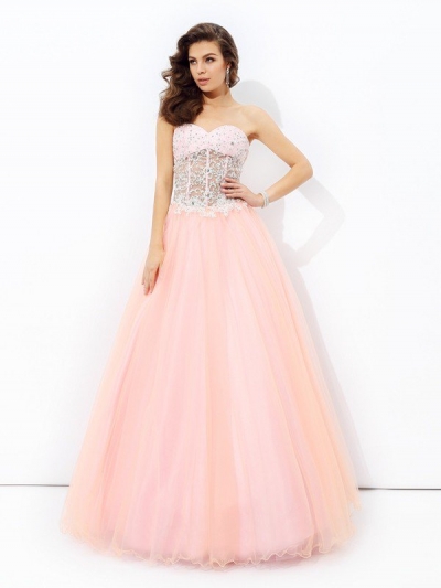 A-line/Princess Sweetheart Lace Sleeveless Long Net Dresses