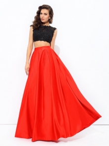 A-line/Princess Scoop Lace Sleeveless Long Satin Two Piece Dresses