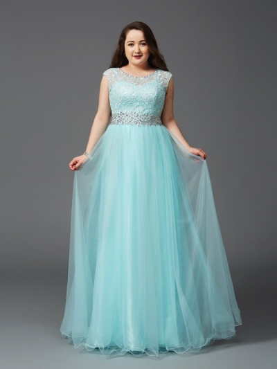 A-Line/Princess Scoop Rhinestone Sleeveless Long Elastic Woven Satin Plus Size Dresses [60217]