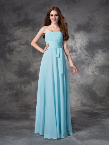 A-line/Princess Strapless Ruched Sleeveless Long Chiffon Bridesmaid Dresses