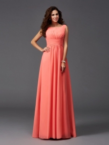 A-Line/Princess Scoop Ruffles Sleeveless Long Chiffon Bridesmaid Dresses