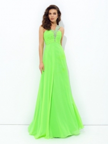 A-line/Princess One-Shoulder Rhinestone Sleeveless Long Chiffon Dresses