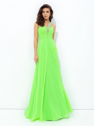 A-line/Princess One-Shoulder Rhinestone Sleeveless Long Chiffon Dresses