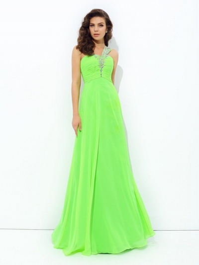 A-line/Princess One-Shoulder Rhinestone Sleeveless Long Chiffon Dresses