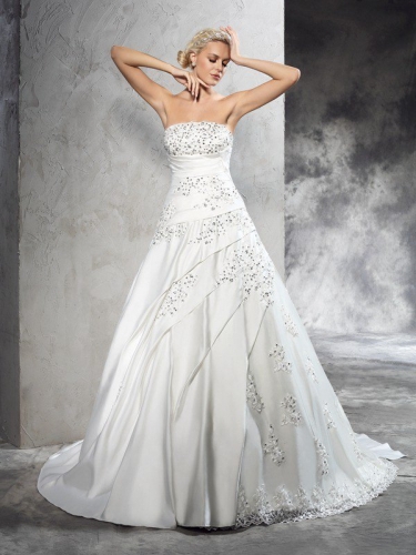 Ball Gown Strapless Beading Sleeveless Long Satin Wedding Dresses