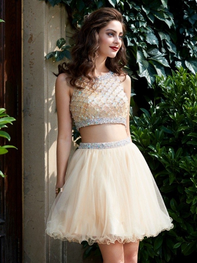 A-Line/Princess Scoop Net Sleeveless Beading Short/Mini Two Piece Homecoming Dresses [63042]