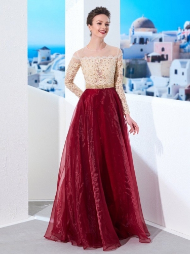 A-Line/Princess Sheer Neck Floor-Length Long Sleeves Applique Organza Dresses