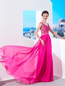 A-Line/Princess Sleeveless Sheer Neck Sweep/Brush Train Applique Chiffon Dresses