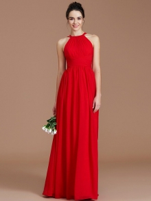 A-Line/Princess Halter Sleeveless Ruched Floor-Length Chiffon Bridesmaid Dresses