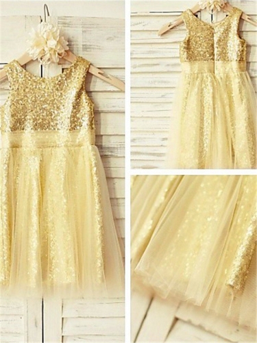 A-line/Princess Scoop Sleeveless Ruffles Tea-Length Sequins Flower Girl Dresses