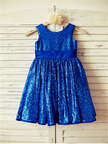 A-line/Princess Scoop Sleeveless Bowknot Tea-Length Sequins Flower Girl Dresses