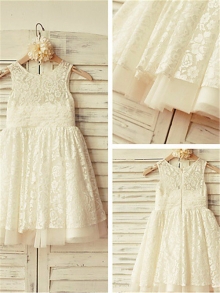 A-line/Princess Scoop Sleeveless Ruffles Tea-Length Lace Flower Girl Dresses