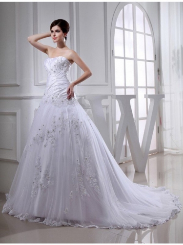 A-Line/Princess Beading Long Sleeveless Strapless Tulle Taffeta Wedding Dresses