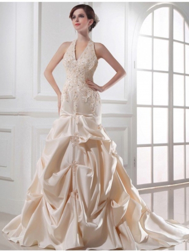 Trumpet/Mermaid Beading Halter Sleeveless Applique Satin Wedding Dresses