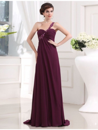 A-Line/Princess Beading One-shoulder Sweetheart Sleeveless Chiffon Long Dresses