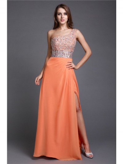 Sheath/Column One Shoulder Long Beading Sleeveless Chiffon Dresses [N13ZDRESS340]