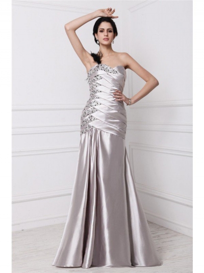 A-Line/Princess Sweetheart Sleeveless Beading Pleats Long Elastic Woven Satin Dresses [N13ZYDRESS140]