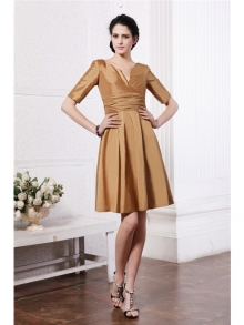 Sheath/Column V-neck Half Sleeves Pleats Taffeta Bridesmaid Dresses