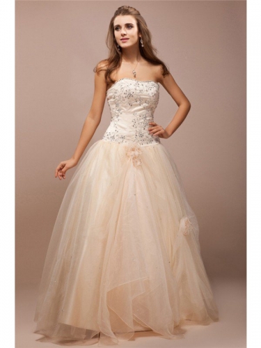 Ball Gown Strapless Sleeveless Lace Long Beading Net Satin Dresses