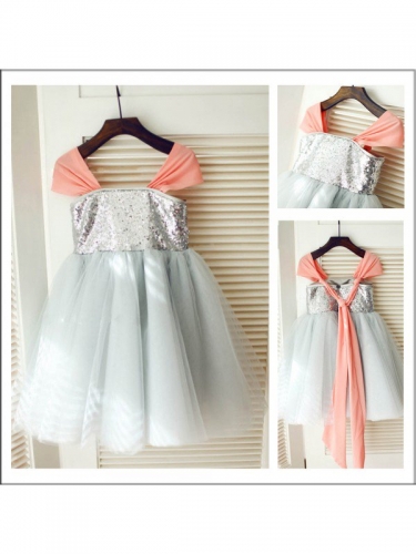 A-Line/Princess Straps Sleeveless Sequin Long Tulle Flower Girl Dresses