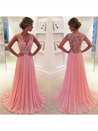 A-Line/Princess Sleeveless Chiffon Lace V-neck Sweep/Brush Train Dresses [PO151010PO681]