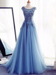 Ball Gown Sleeveless Jewel Floor-Length Applique Tulle Dresses