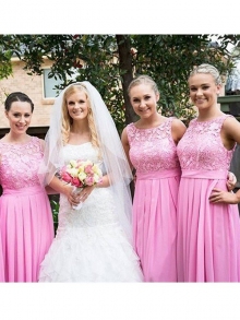 A-Line/Princess Scoop Sleeveless Floor-Length Lace Chiffon Bridesmaid Dresses