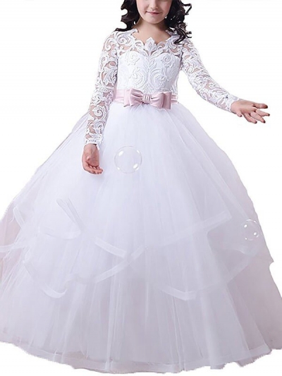 Ball Gown Jewel Long Sleeves Lace Floor-Length Tulle Flower Girl Dresses [PO16033PO796]