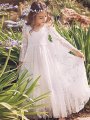 A-Line/Princess Long Sleeves V-neck Lace Floor-Length Flower Girl Dresses