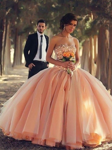 Ball Gown Sleeveless Strapless Beading Floor-Length Tulle Dresses