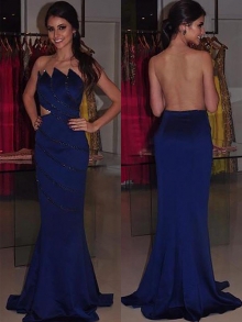 Sheath/Column Strapless Sleeveless Beading Sweep/Brush Train Satin Dresses