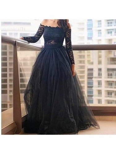 A-Line/Princess Off-the-Shoulder Long Sleeves Lace Floor-Length Tulle Dresses