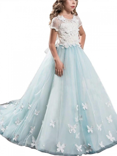 A-line/Princess Scoop Short Sleeves Lace Tulle Floor-Length Flower Girl Dresses