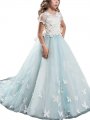 A-line/Princess Scoop Short Sleeves Lace Tulle Floor-Length Flower Girl Dresses