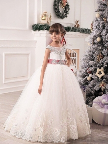 Ball Gown Scoop Sleeveless Sash/Ribbon/Belt Tulle Floor-Length Flower Girl Dresses