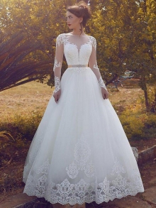 Ball Gown Bateau Tulle Long Sleeves Floor-Length Wedding Dresses