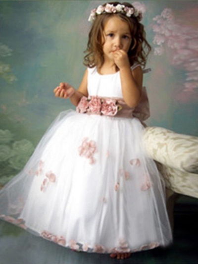 A-line/Princess Sleeveless Scoop Hand-made Flower Long Tulle Flower Girl Dresses [POWDN14077BN270]