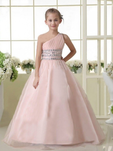 A-line/Princess One-shoulder Sleeveless Beading Long Organza Flower Girl Dresses