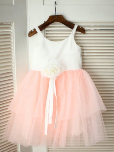 A-line/Princess Spaghetti Straps Sleeveless Hand-made Flower Long Tulle Flower Girl Dresses