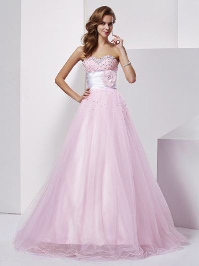 Ball Gown Strapless Sleeveless Beading Long Elastic Woven Satin Quinceanera Dresses