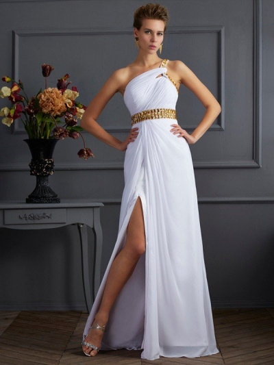 A-Line/Princess One-Shoulder Sleeveless Beading Long Chiffon Dresses